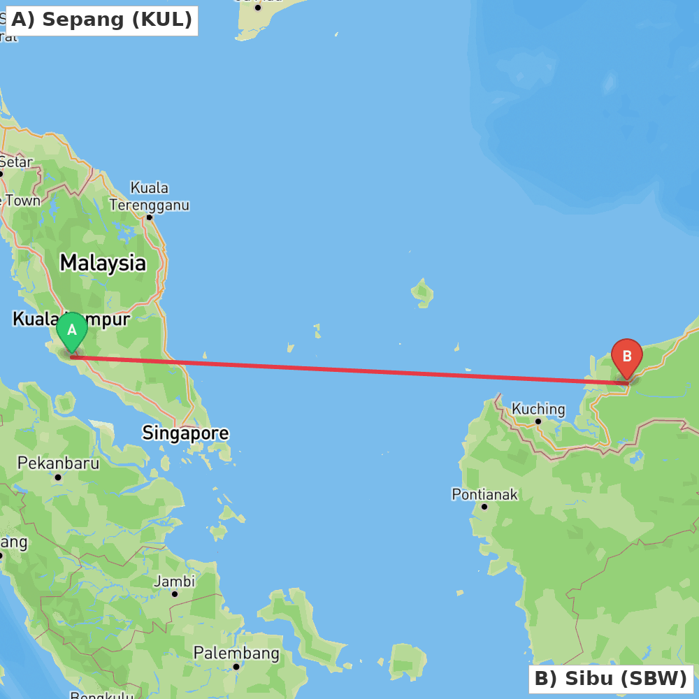 Flight route map from Sepang to Sibu