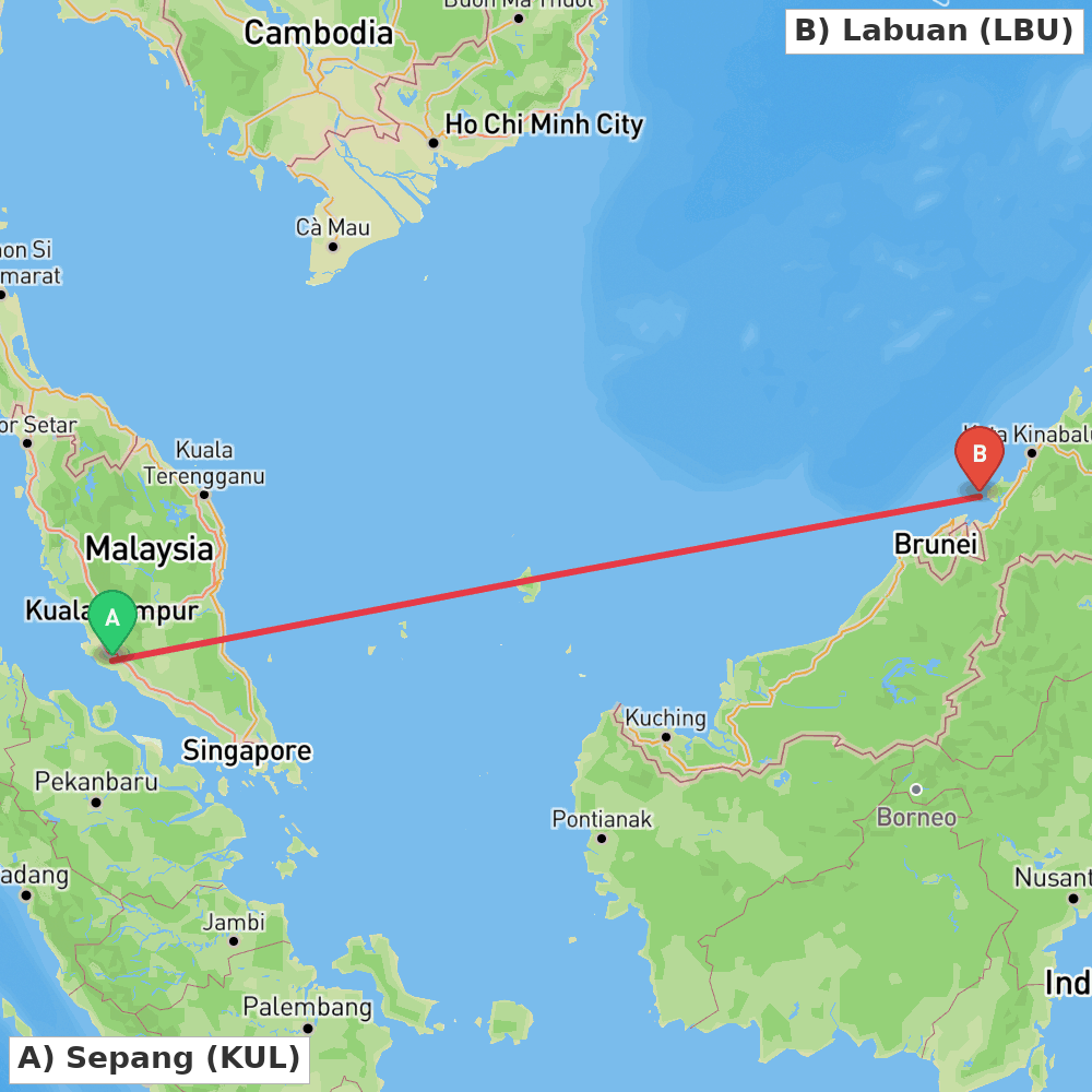 Flight route map from Sepang to Labuan