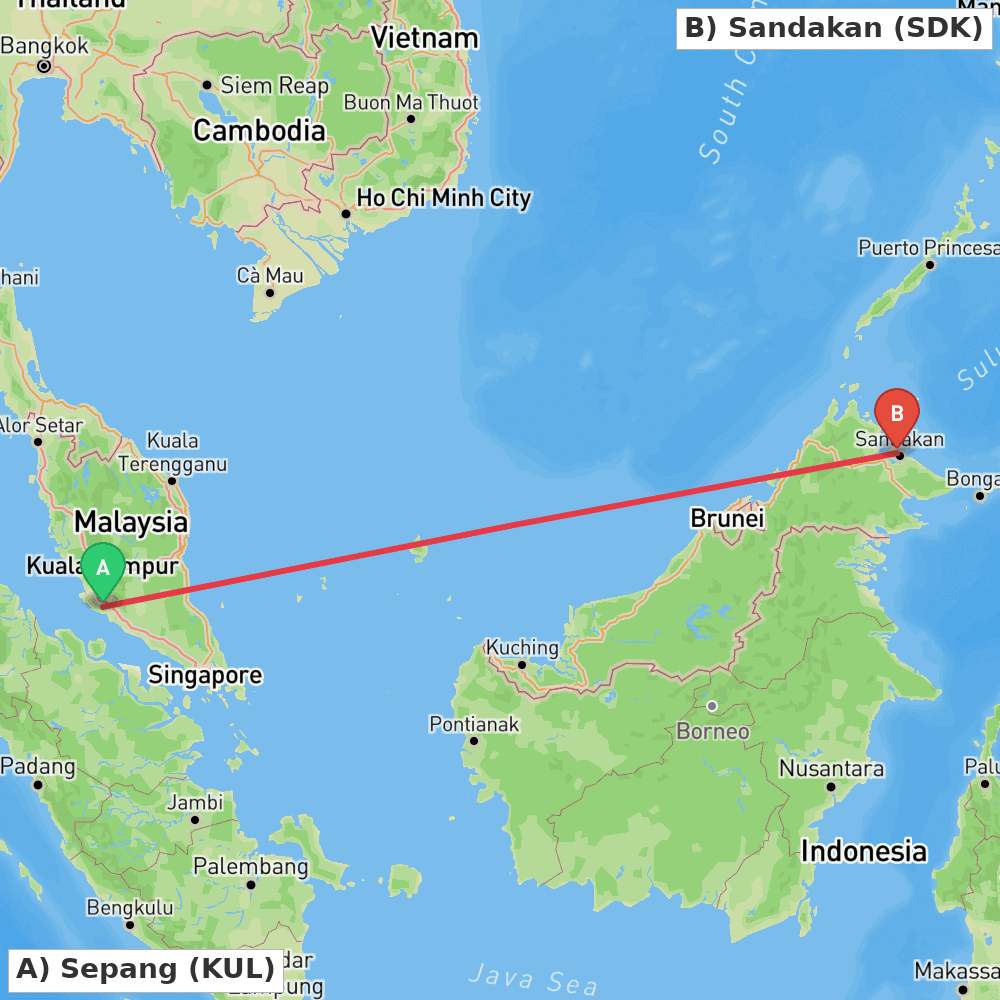 Flight route map from Sepang to Sandakan