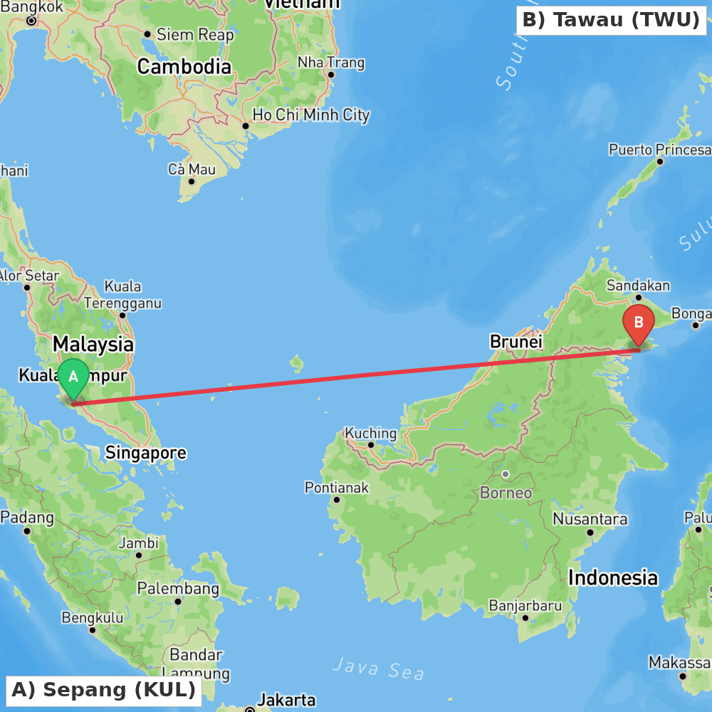 Flight route map from Sepang to Tawau