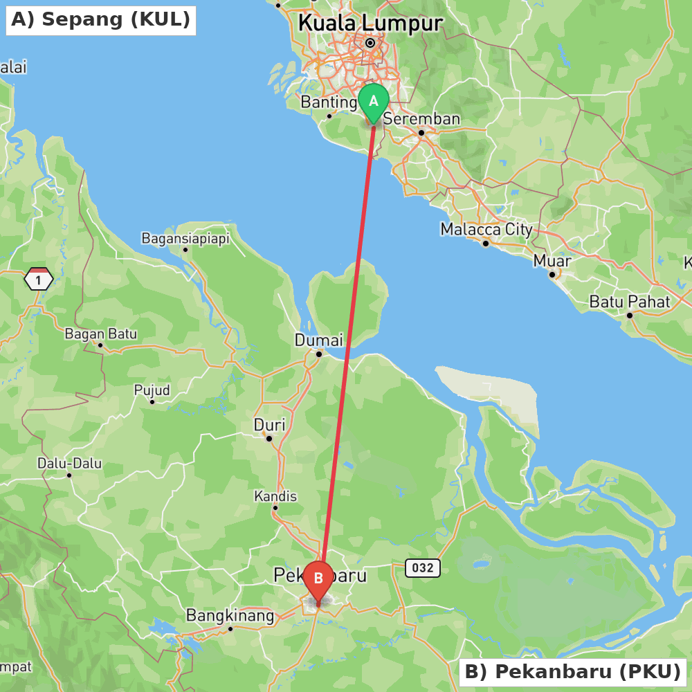 Flight route map from Sepang to Pekanbaru
