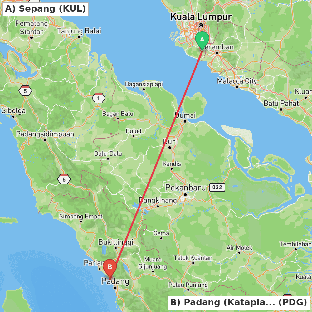 Flight route map from Sepang to Padang (Katapiang)