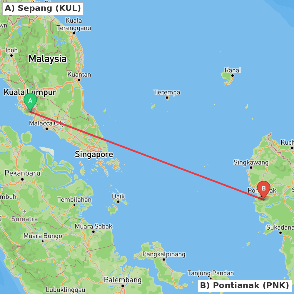 Flight route map from Sepang to Pontianak