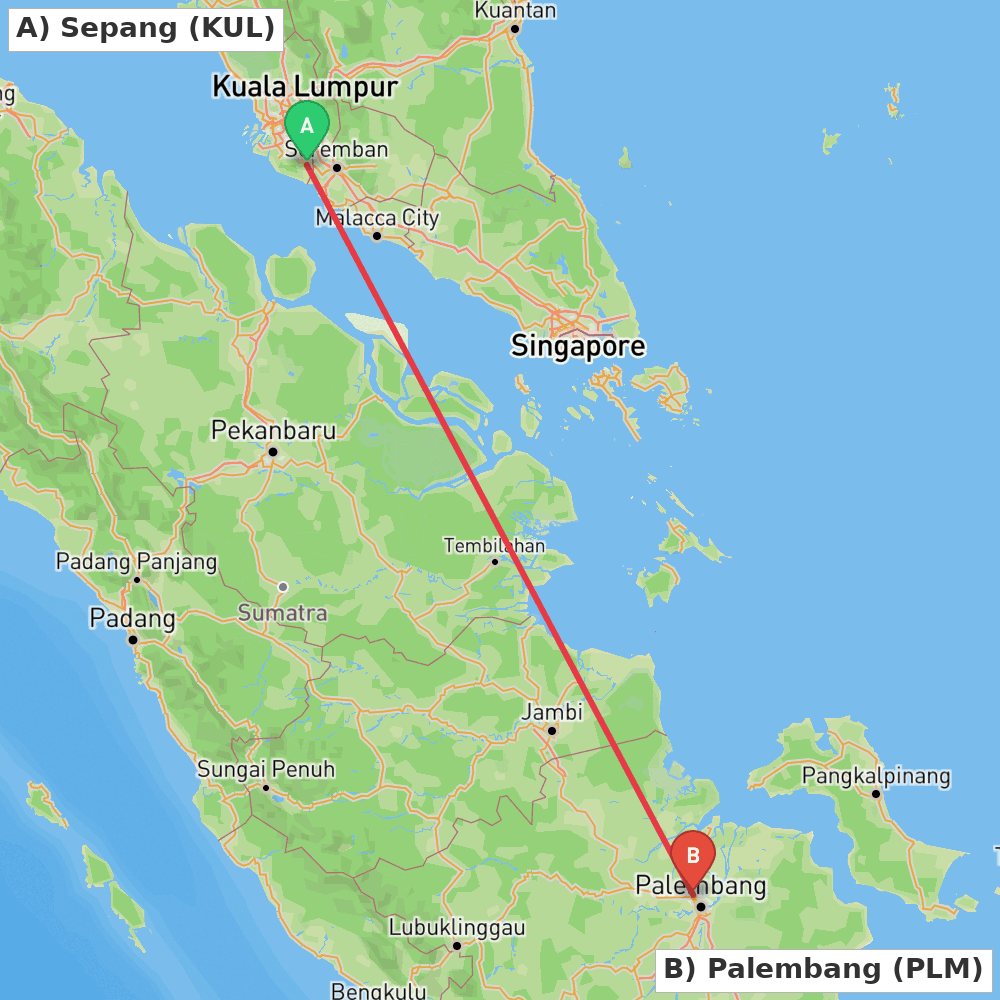Flight route map from Sepang to Palembang