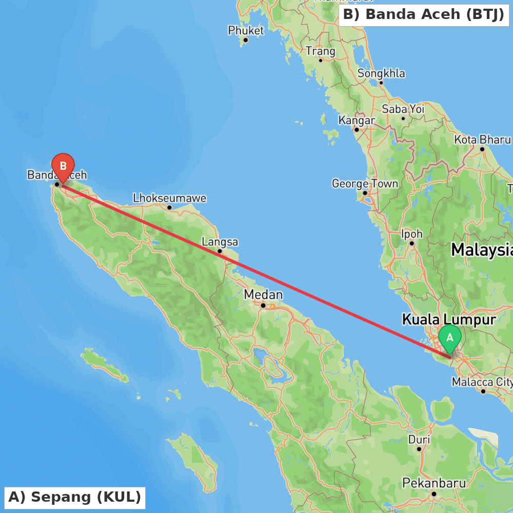 Flight route map from Sepang to Banda Aceh