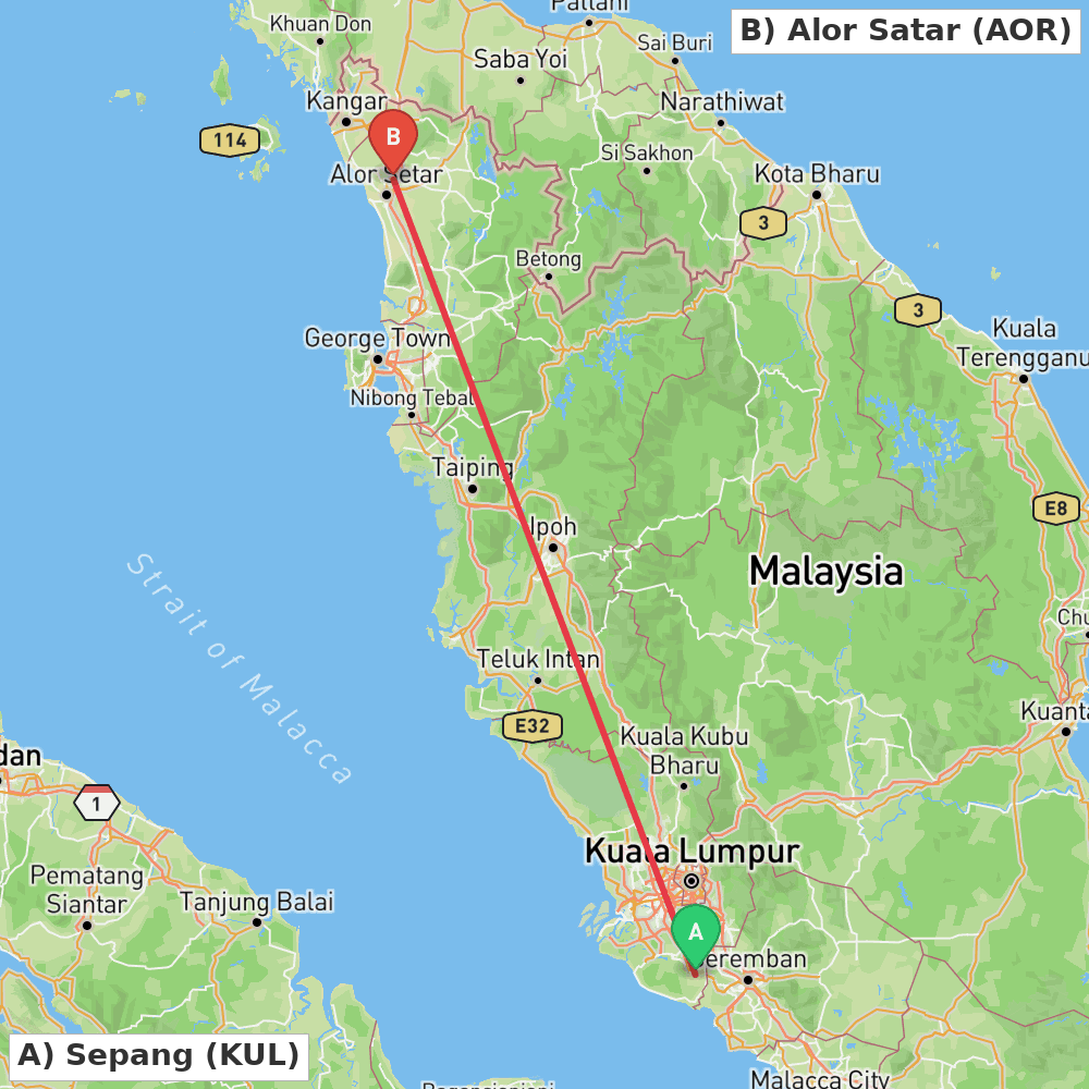 Flight route map from Sepang to Alor Satar