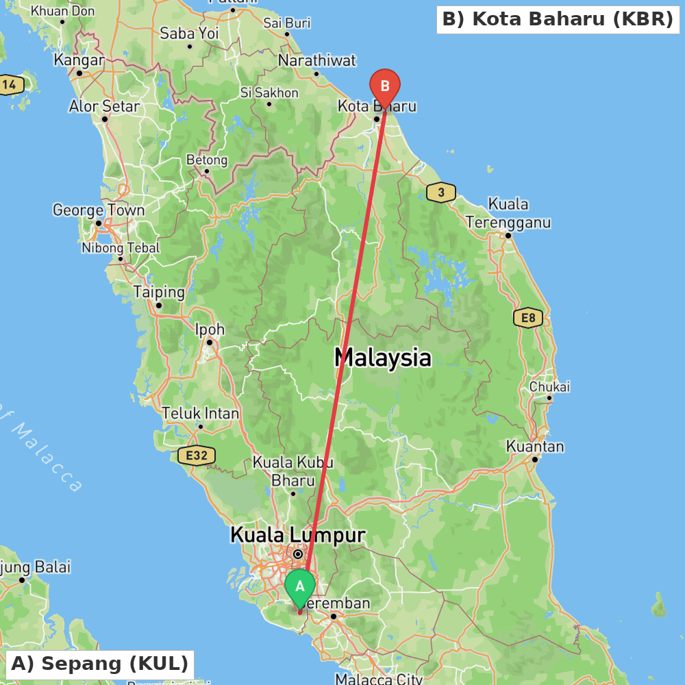 Flight route map from Sepang to Kota Baharu