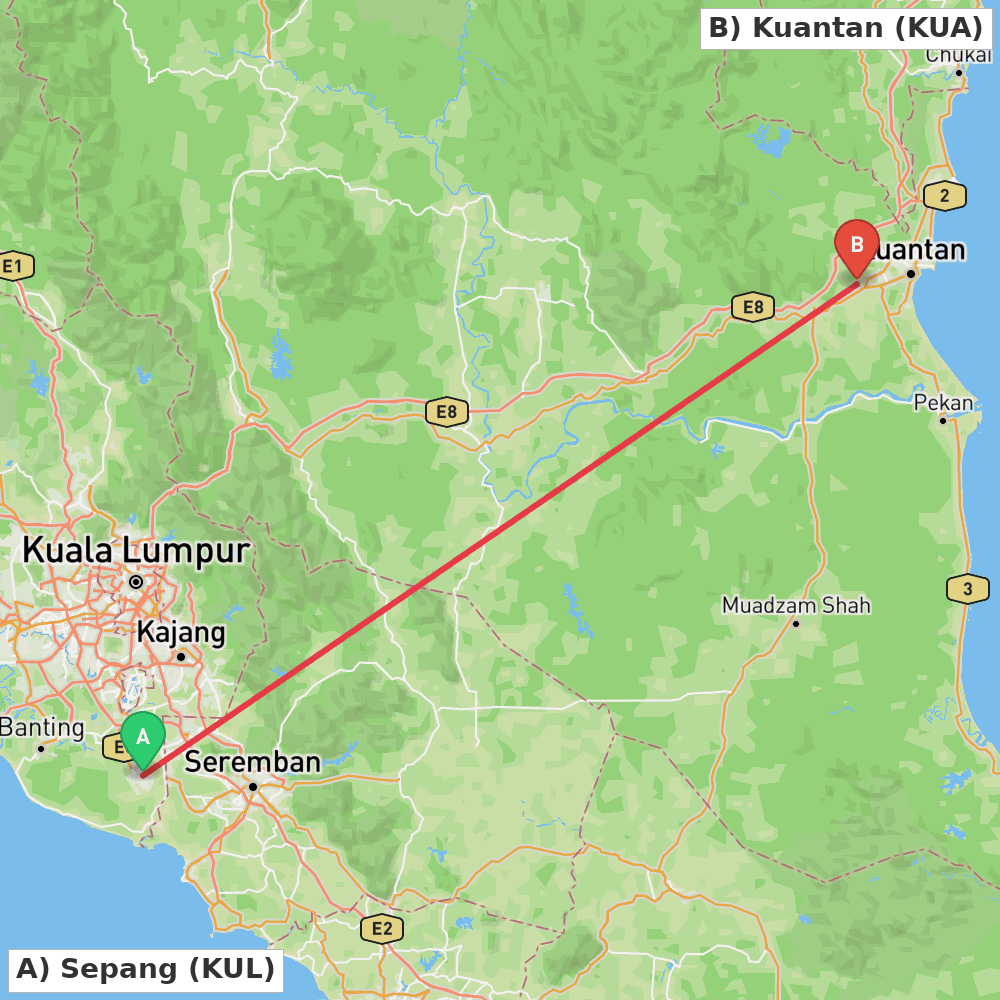 Flight route map from Sepang to Kuantan