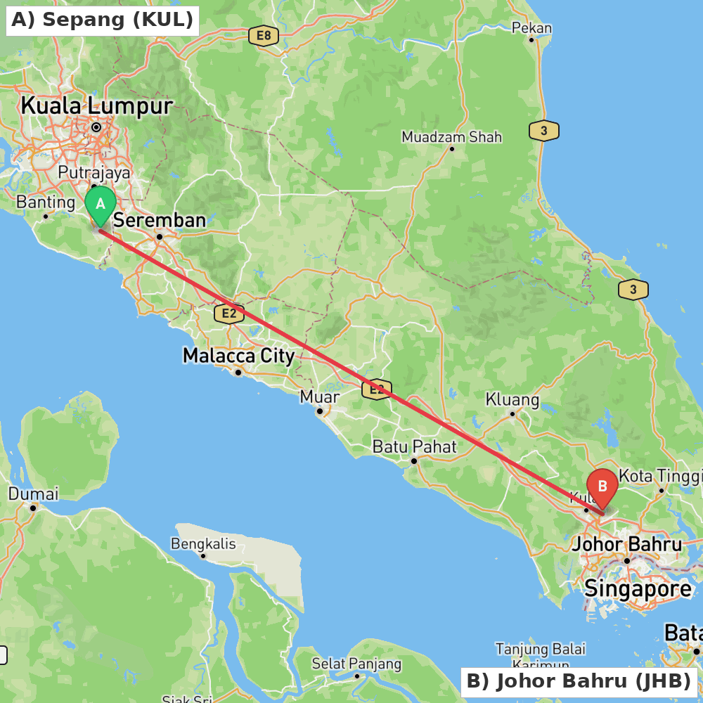 Flight route map from Sepang to Johor Bahru