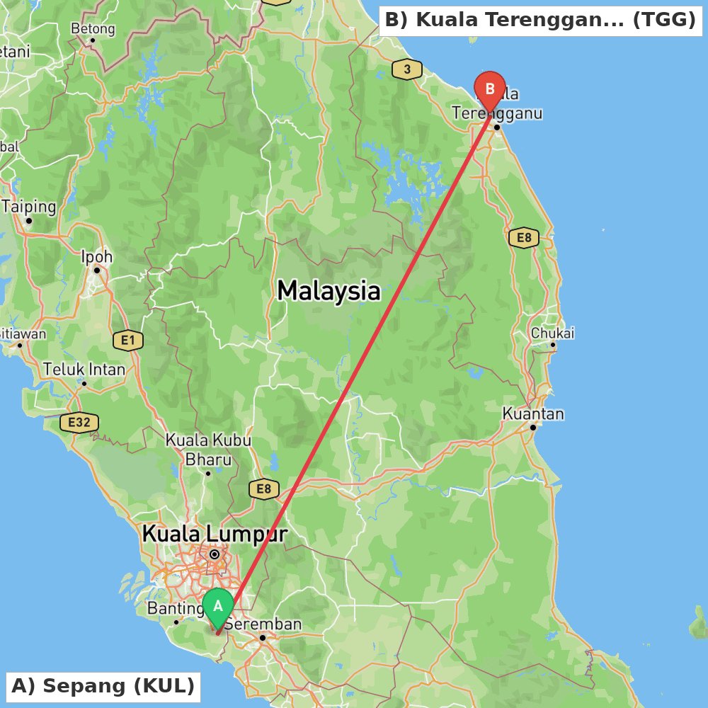 Flight route map from Sepang to Kuala Terengganu
