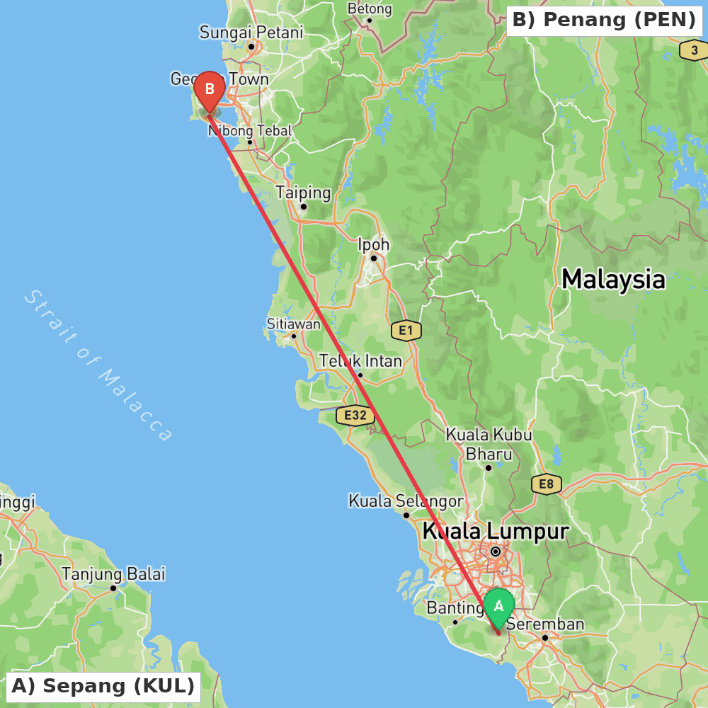Flight route map from Sepang to Penang