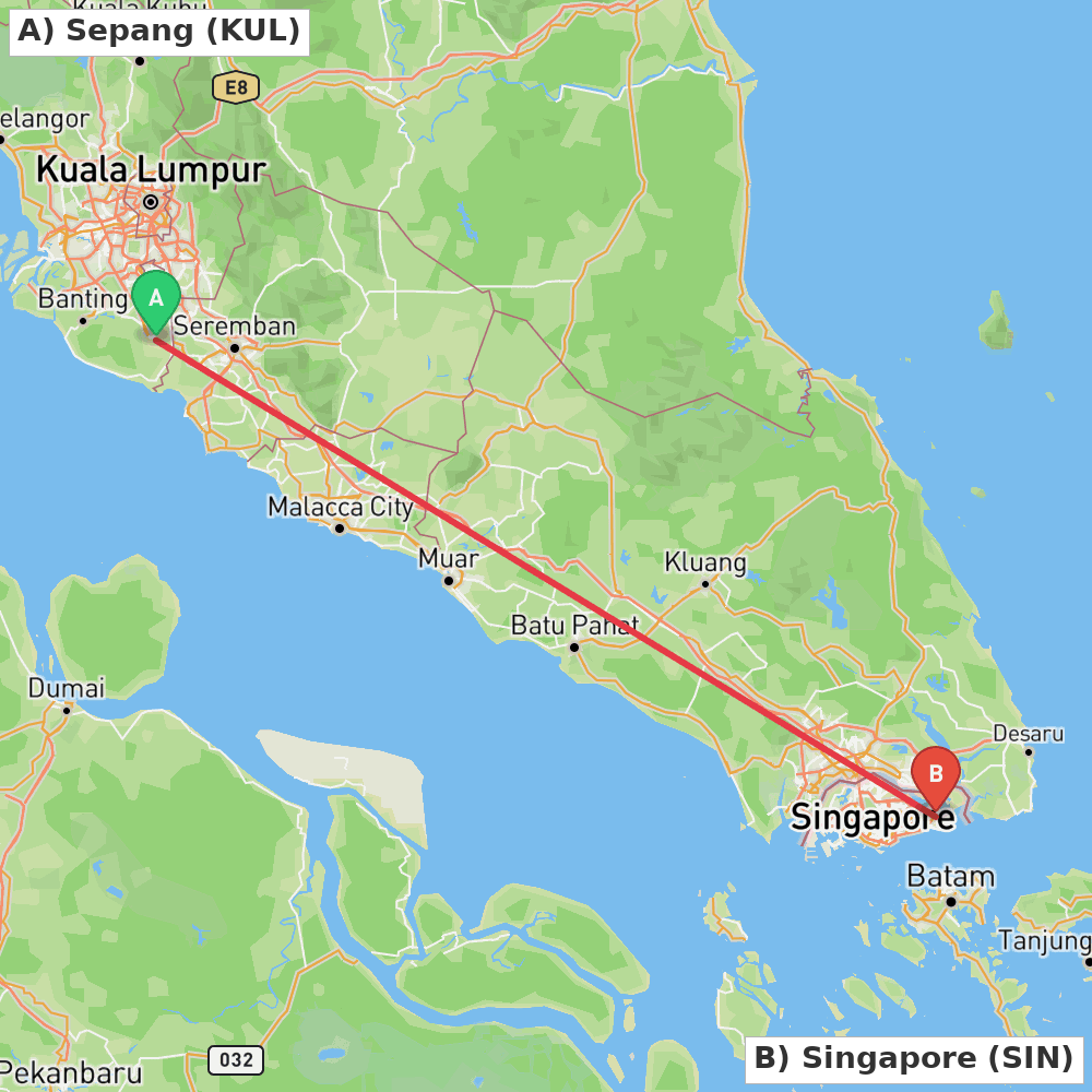Flight route map from Sepang to Singapore