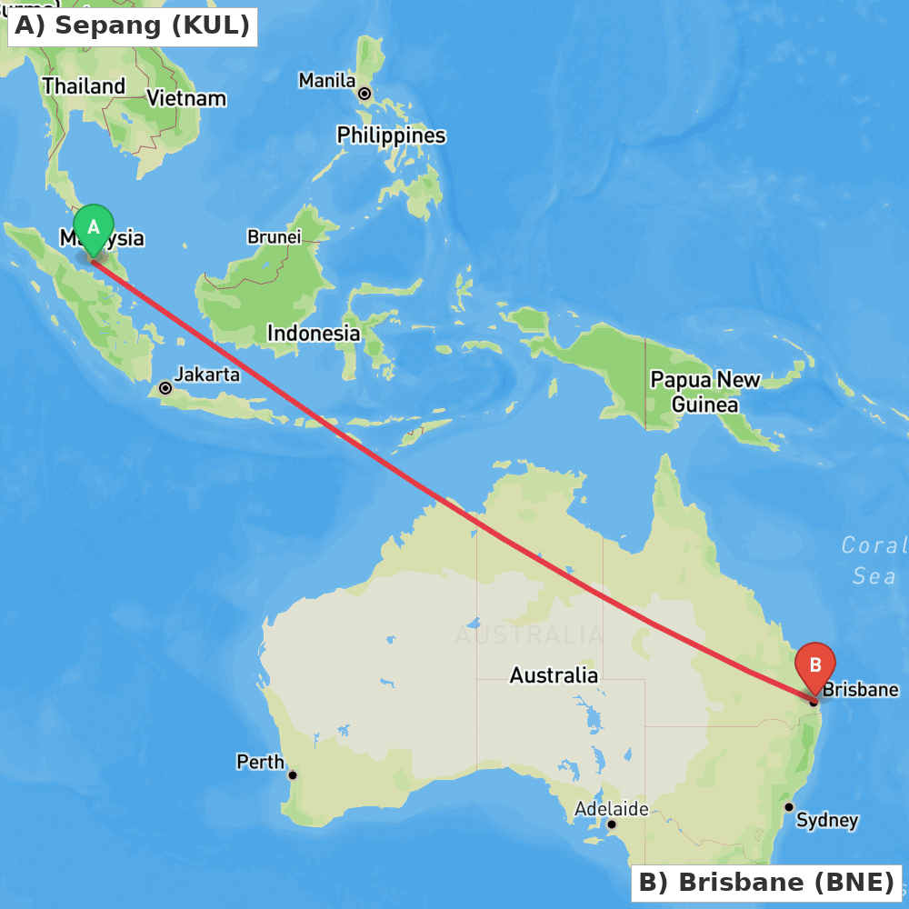 Flight route map from Sepang to Brisbane
