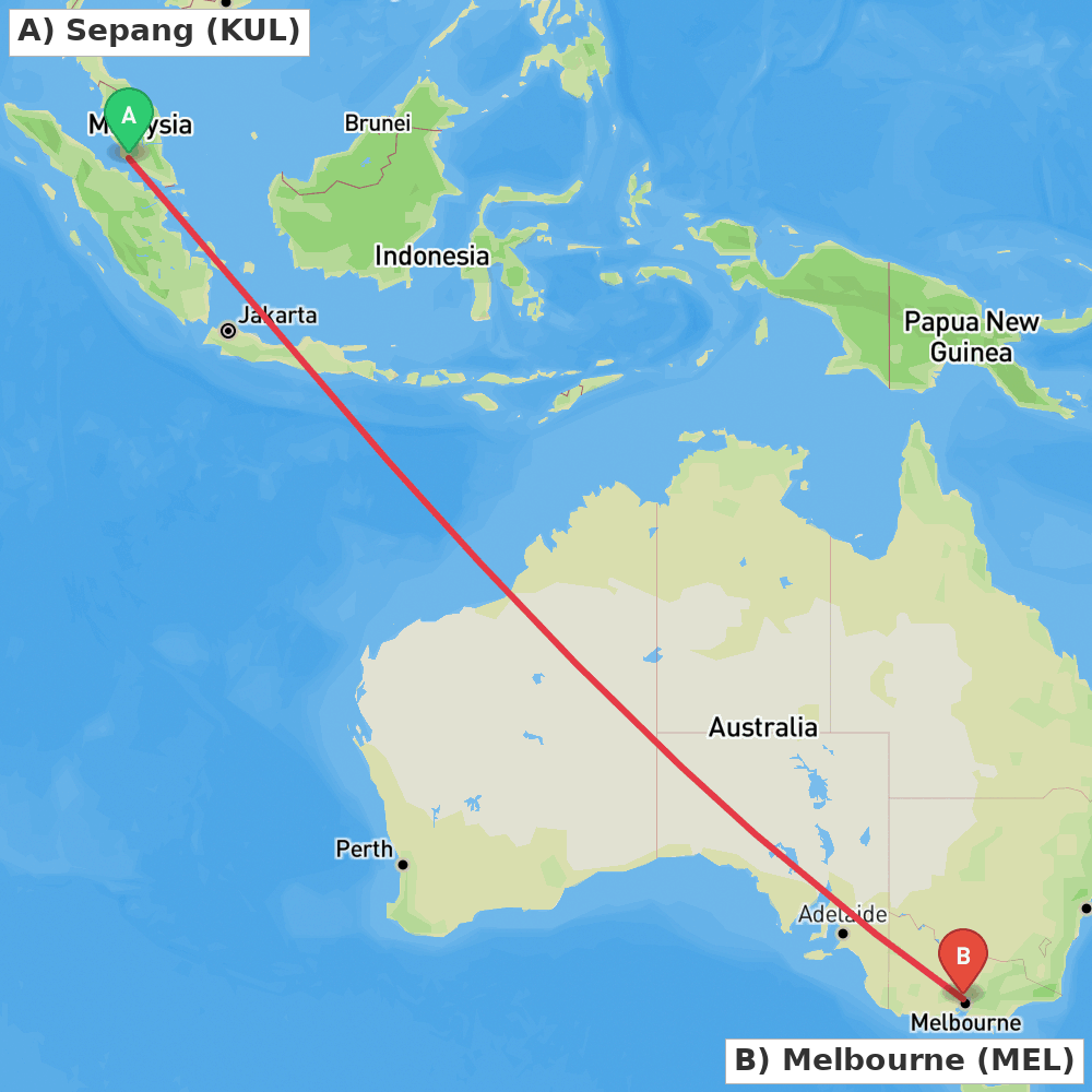 Flight route map from Sepang to Melbourne