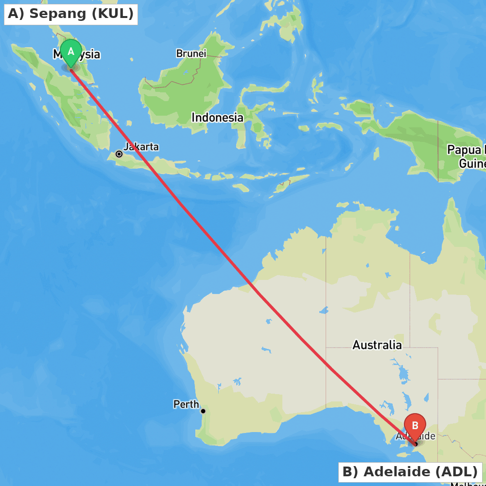 Flight route map from Sepang to Adelaide