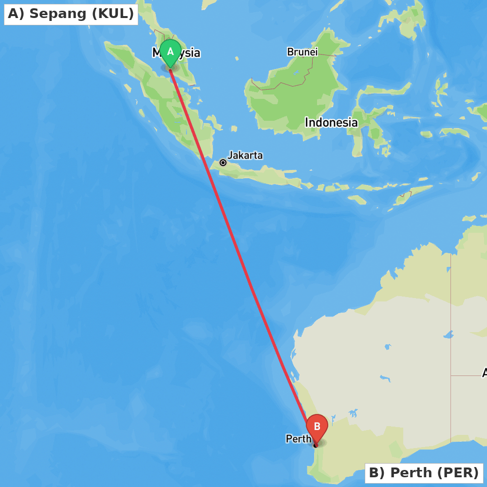 Flight route map from Sepang to Perth