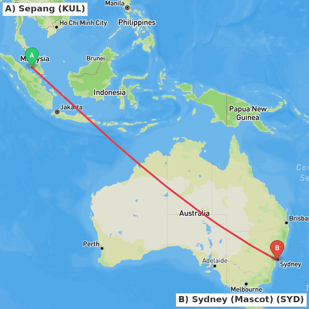 Flight route map from Sepang to Sydney (Mascot)