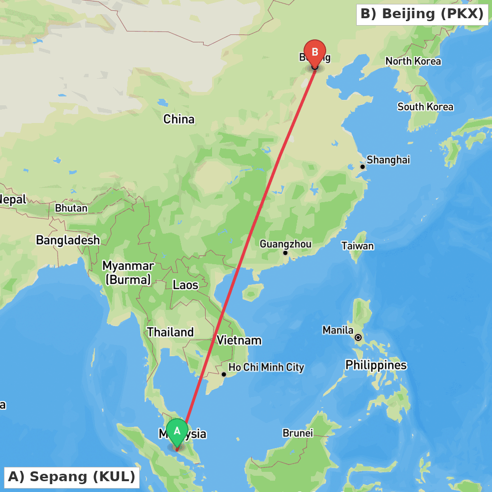 Flight route map from Sepang to Beijing