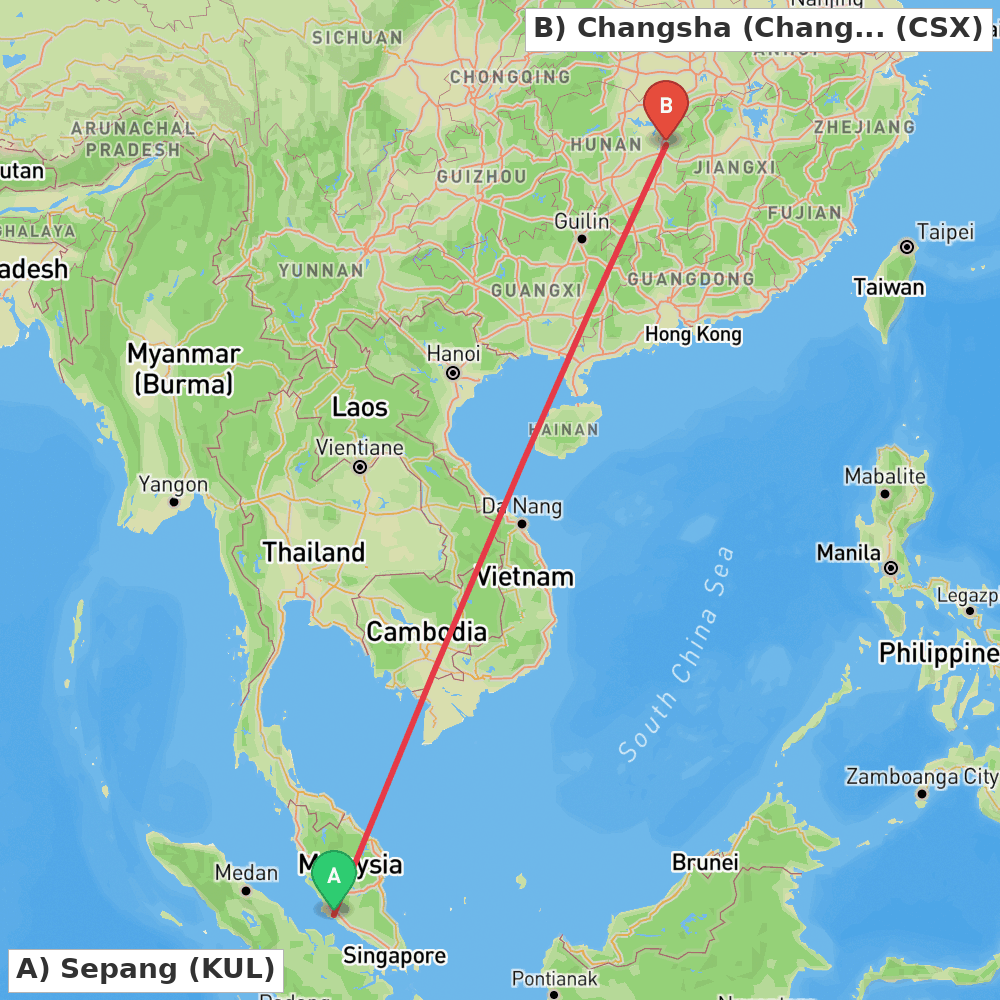 Flight route map from Sepang to Changsha (Changsha)