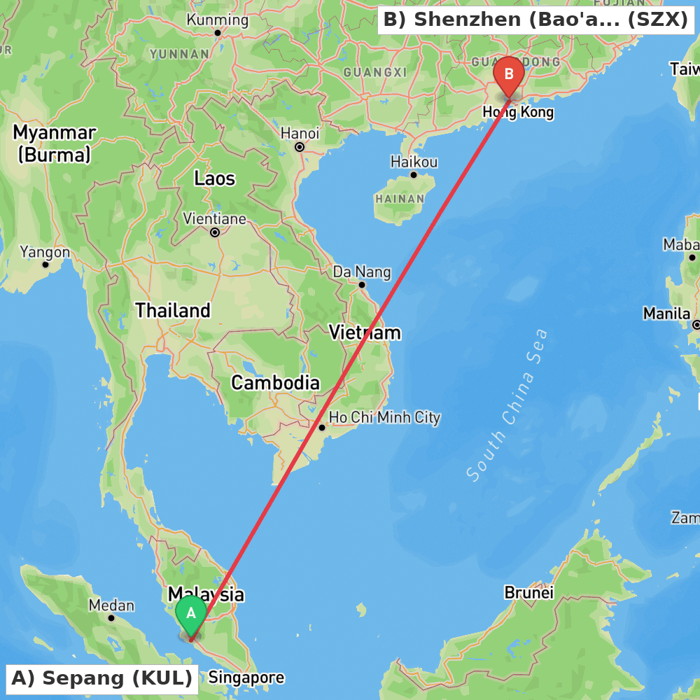Flight route map from Sepang to Shenzhen (Bao'an)