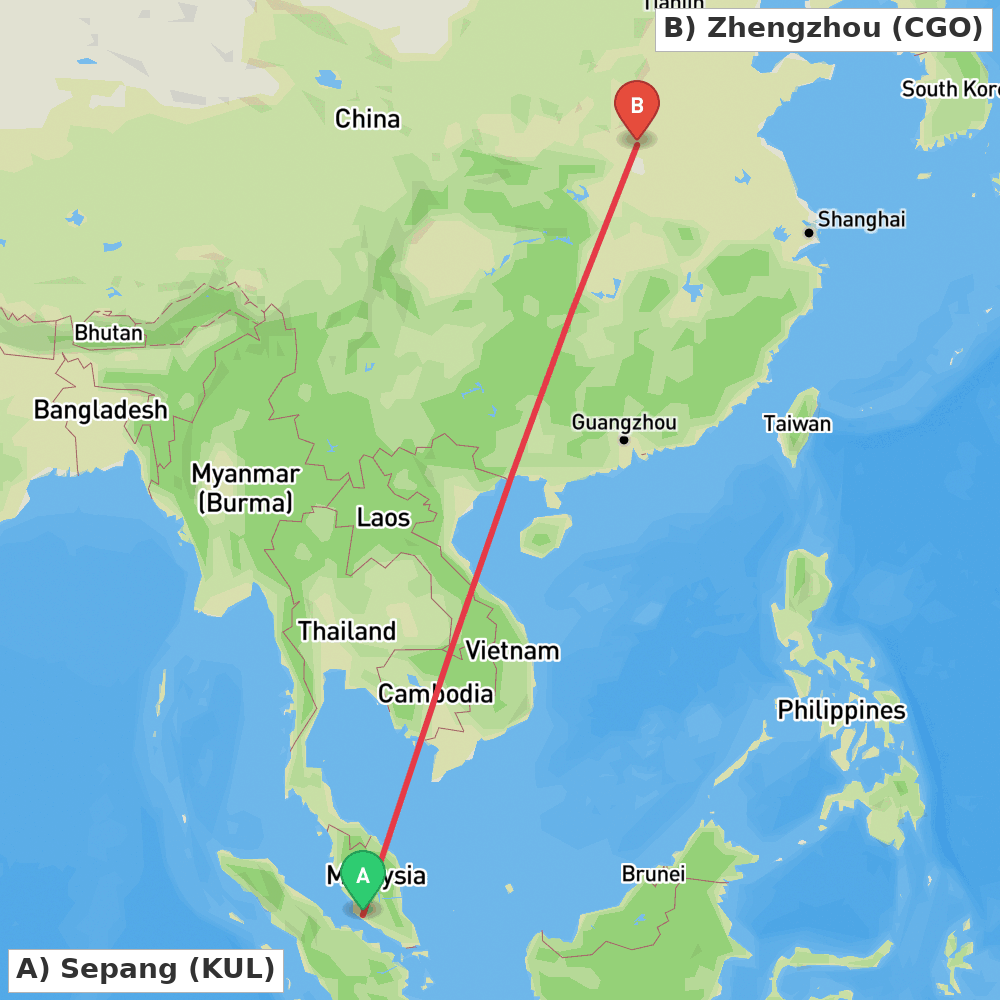 Flight route map from Sepang to Zhengzhou