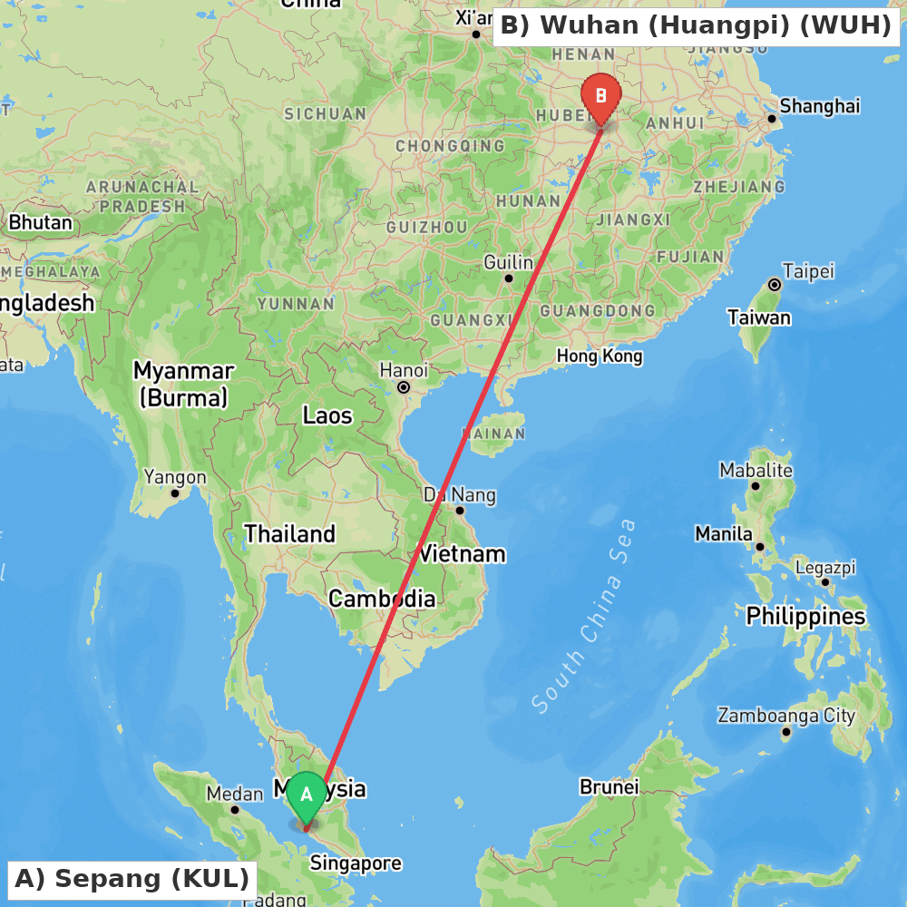 Flight route map from Sepang to Wuhan (Huangpi)