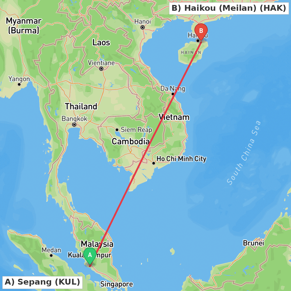 Flight route map from Sepang to Haikou (Meilan)
