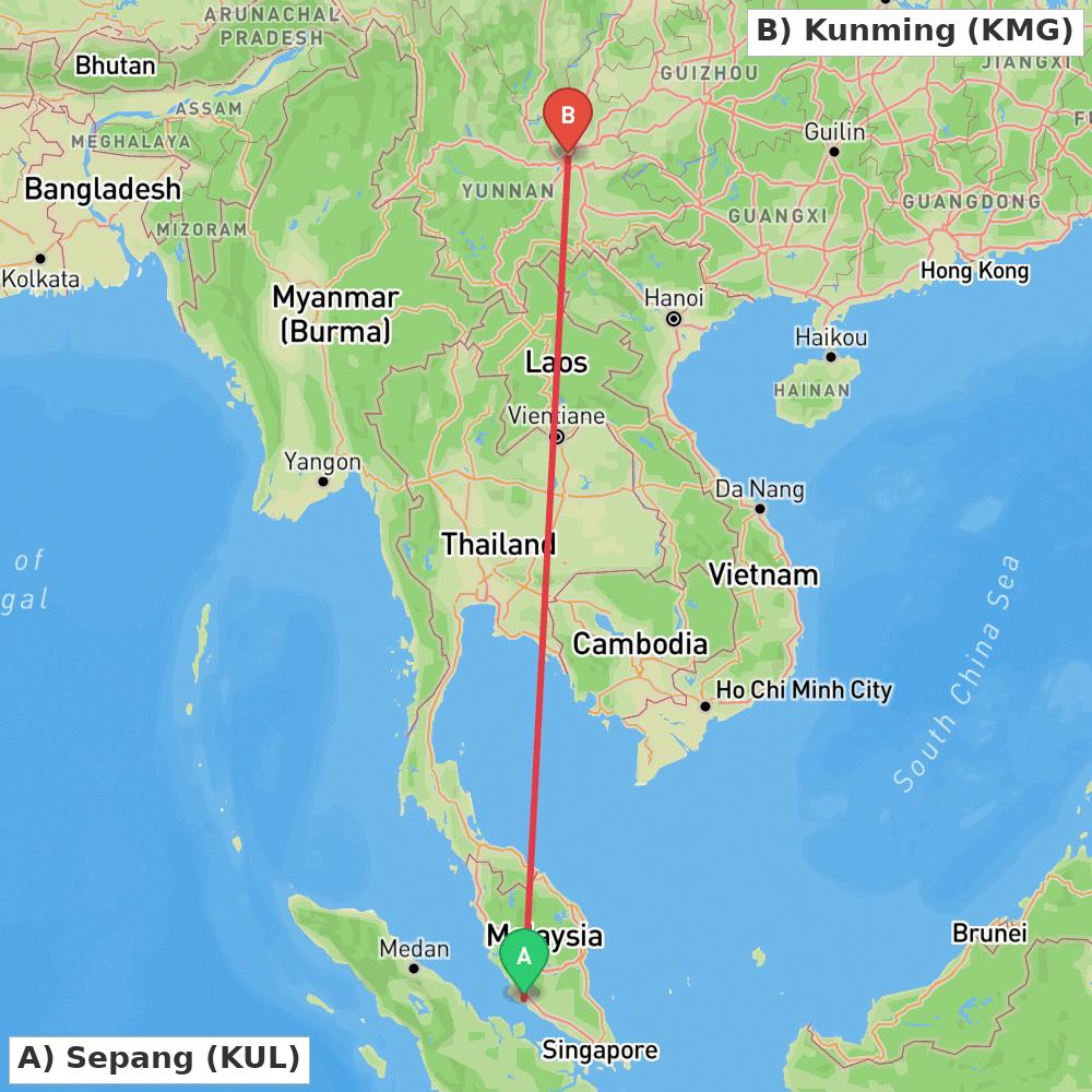 Flight route map from Sepang to Kunming