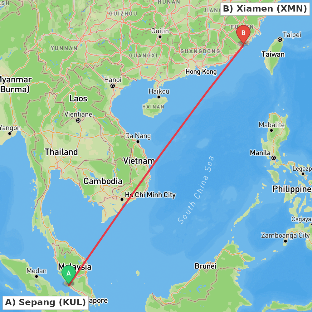 Flight route map from Sepang to Xiamen