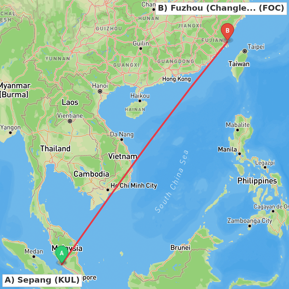 Flight route map from Sepang to Fuzhou (Changle)