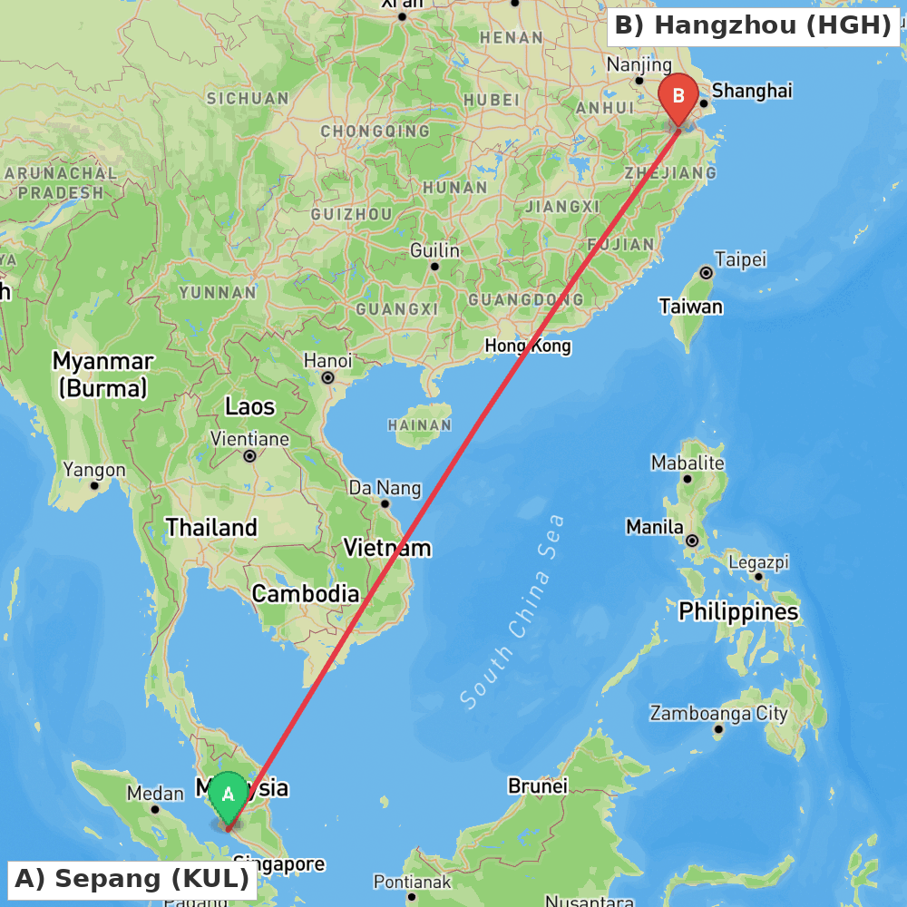 Flight route map from Sepang to Hangzhou