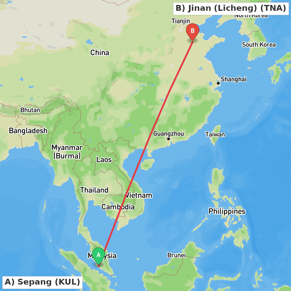 Flight route map from Sepang to Jinan (Licheng)