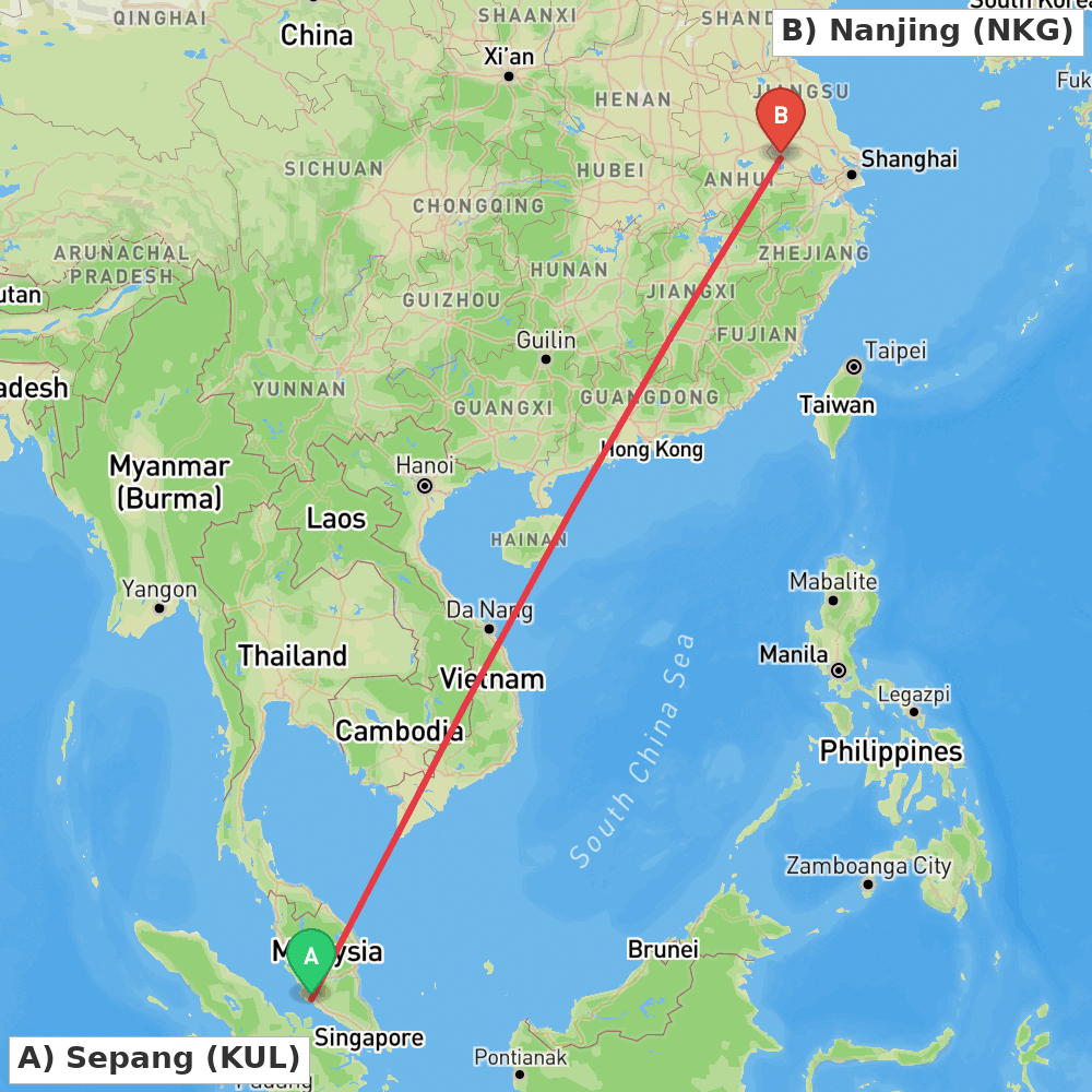 Flight route map from Sepang to Nanjing