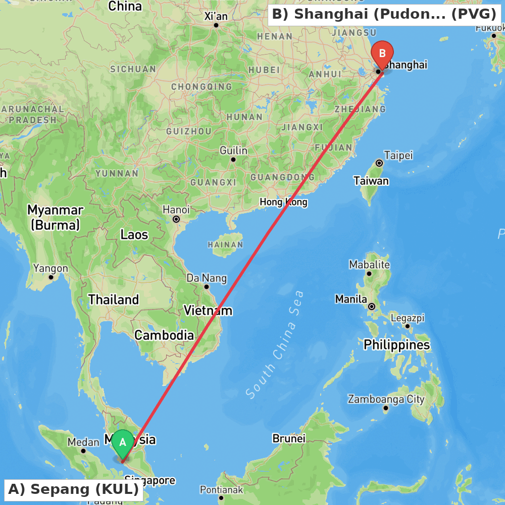 Flight route map from Sepang to Shanghai (Pudong)
