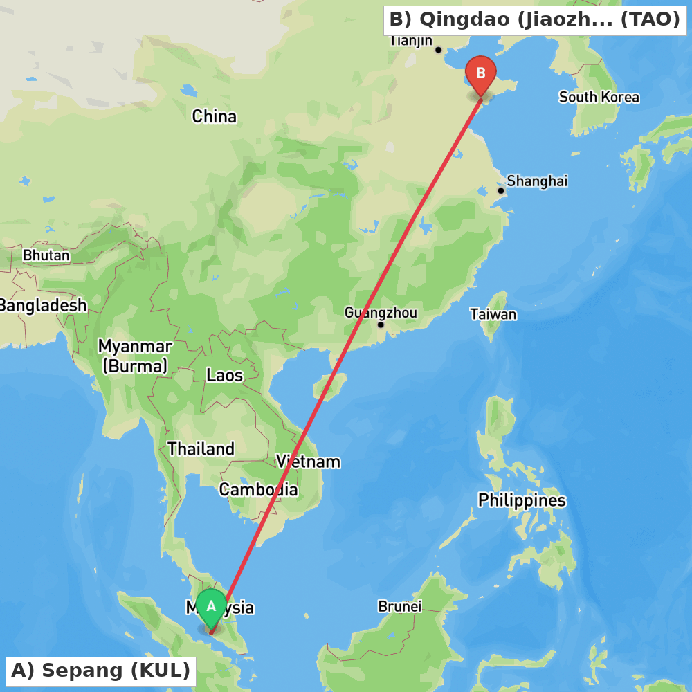 Flight route map from Sepang to Qingdao (Jiaozhou)