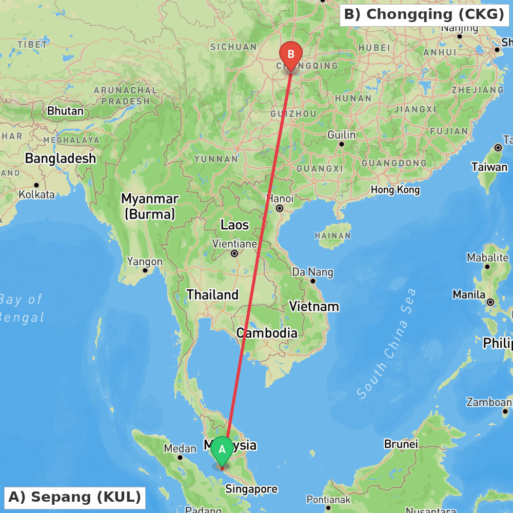 Flight route map from Sepang to Chongqing