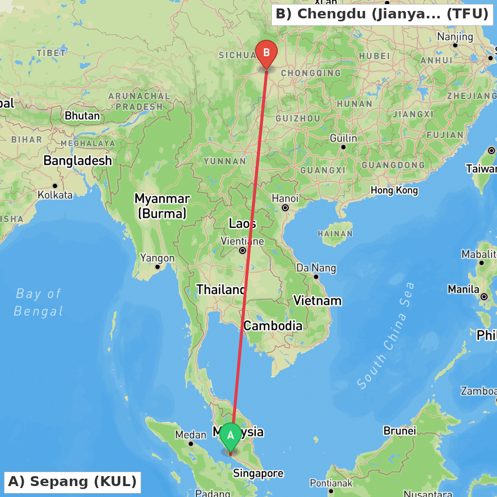 Flight route map from Sepang to Chengdu (Jianyang)