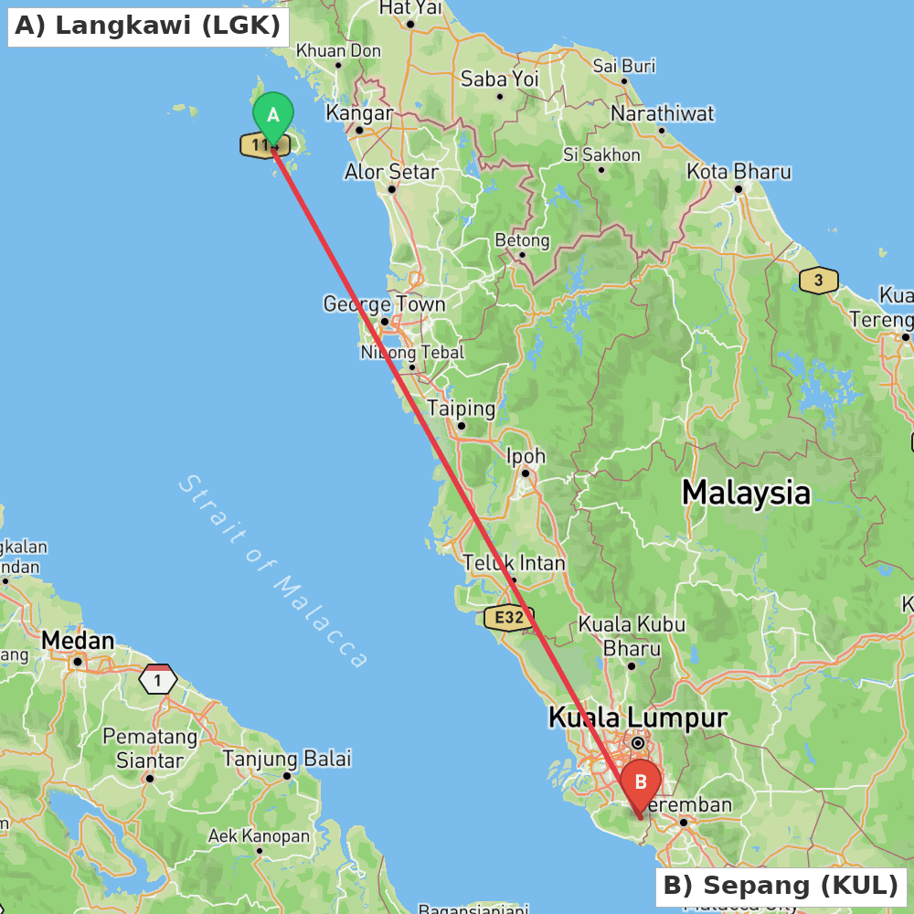 Flight route map from Langkawi to Sepang