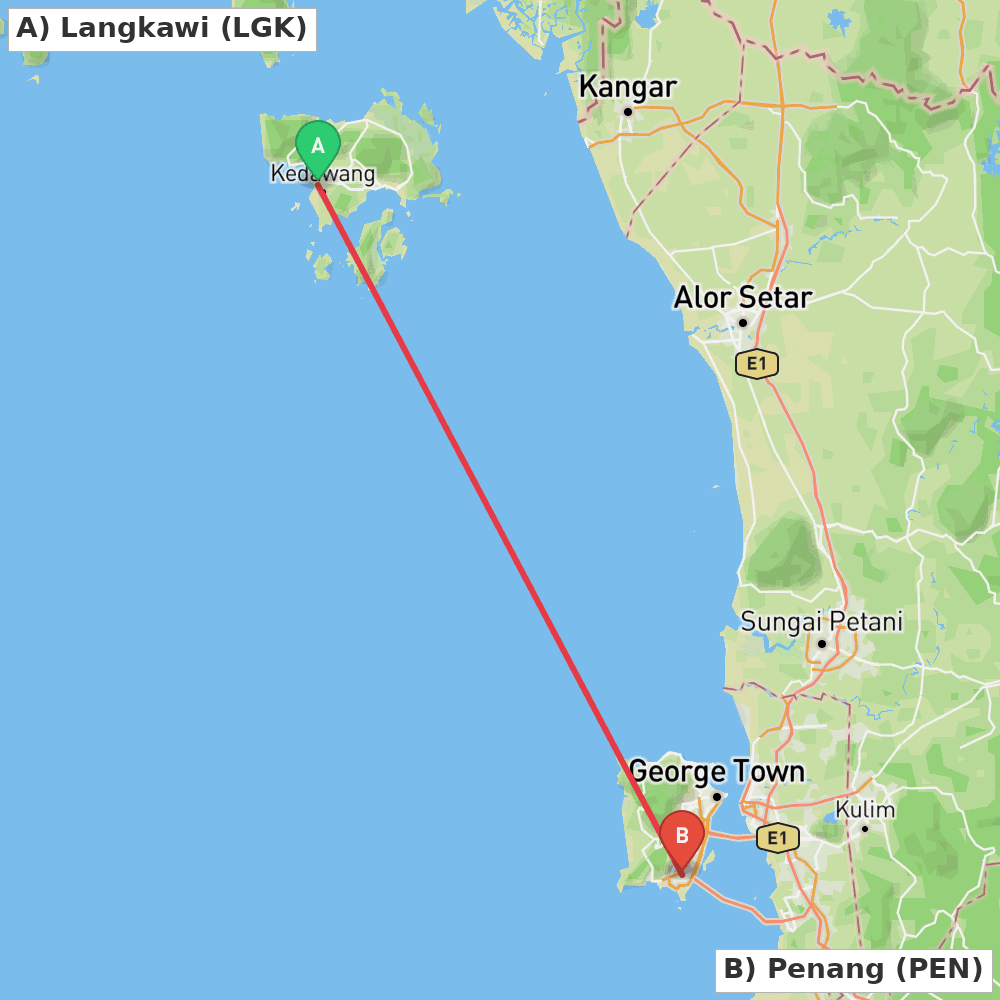 Flight route map from Langkawi to Penang