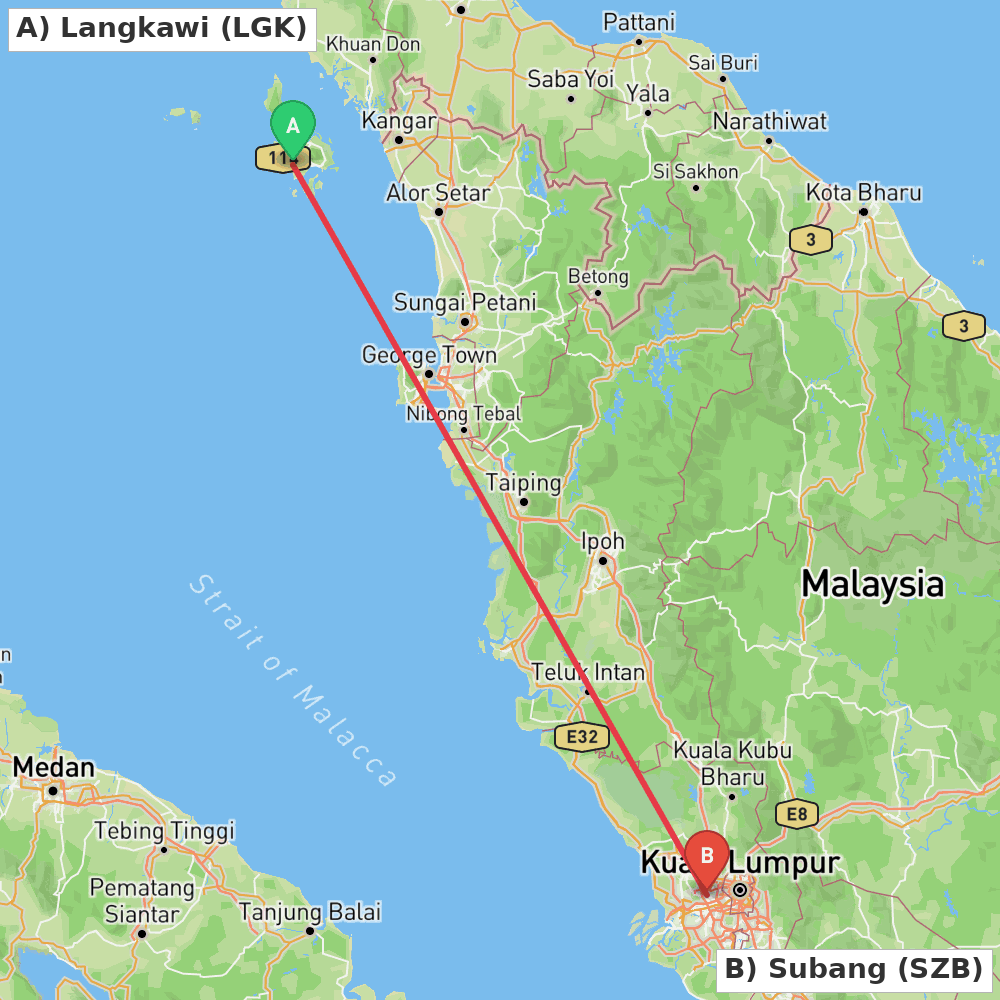 Flight route map from Langkawi to Subang