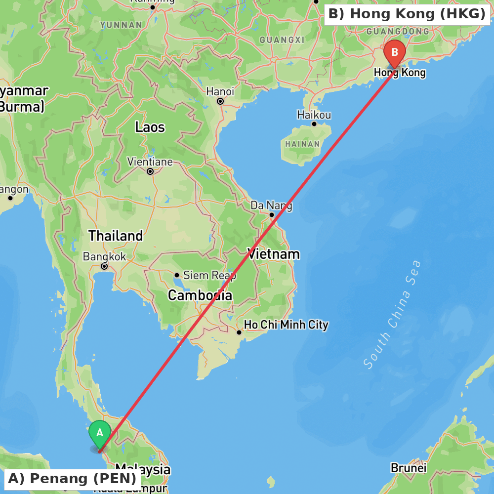 Flight route map from Penang to Hong Kong