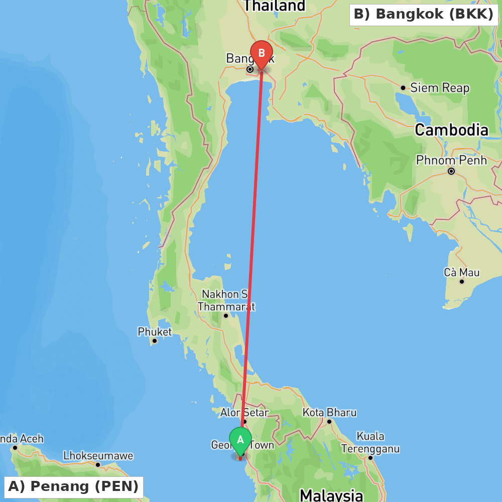 Flight route map from Penang to Bangkok