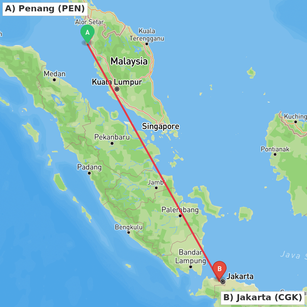 Flight route map from Penang to Jakarta