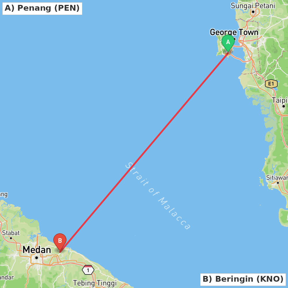 Flight route map from Penang to Beringin