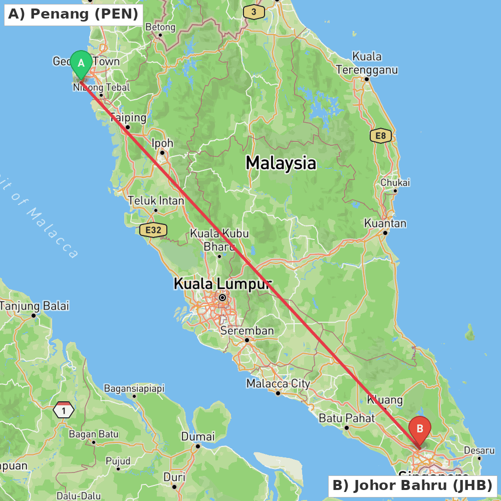 Flight route map from Penang to Johor Bahru