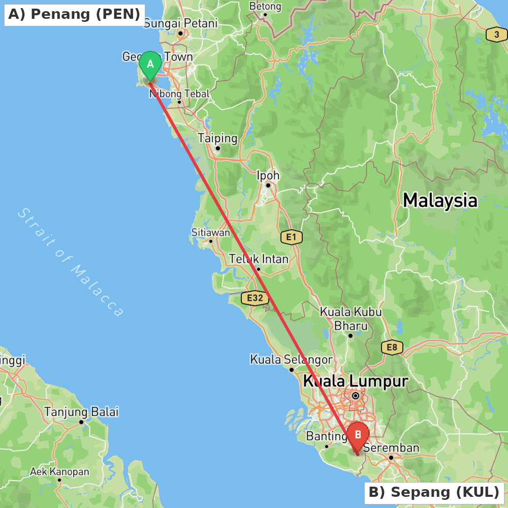 Flight route map from Penang to Sepang