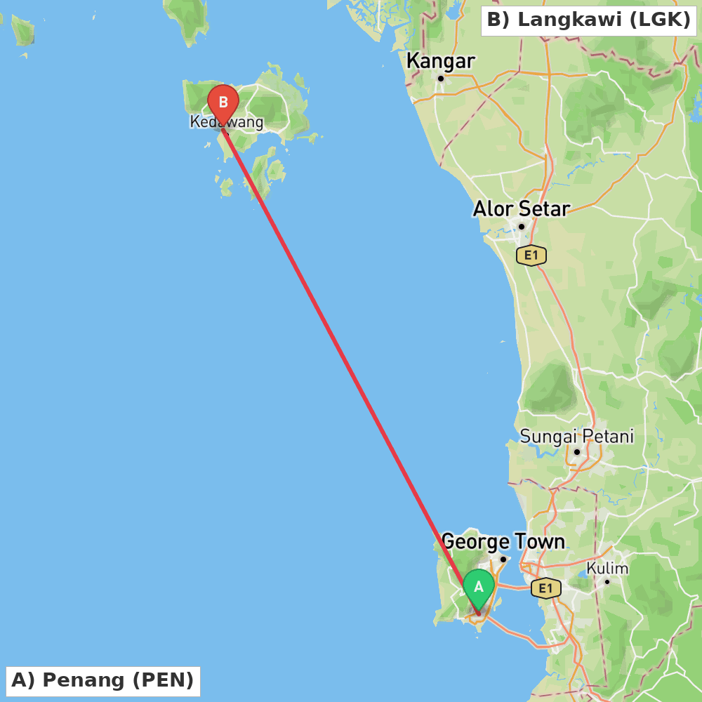 Flight route map from Penang to Langkawi