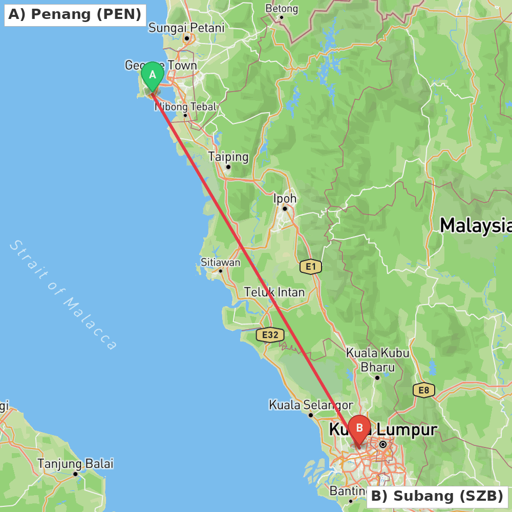 Flight route map from Penang to Subang