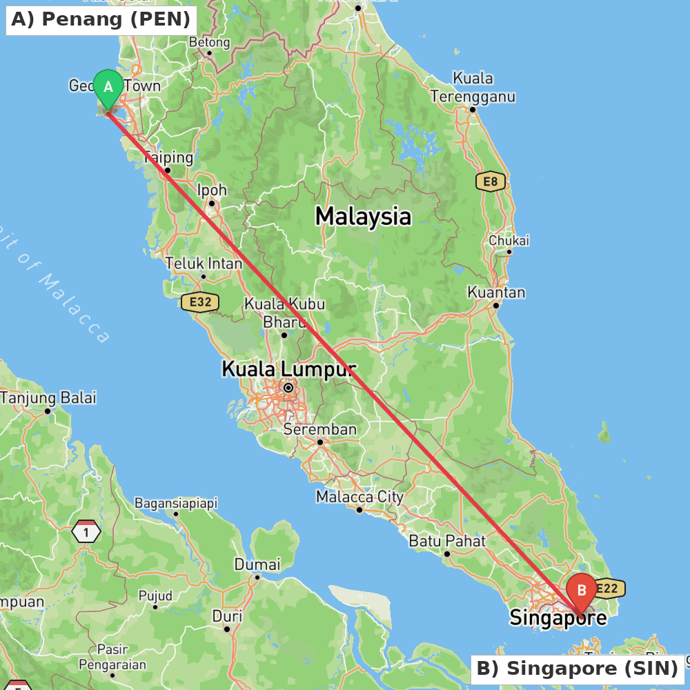 Flight route map from Penang to Singapore