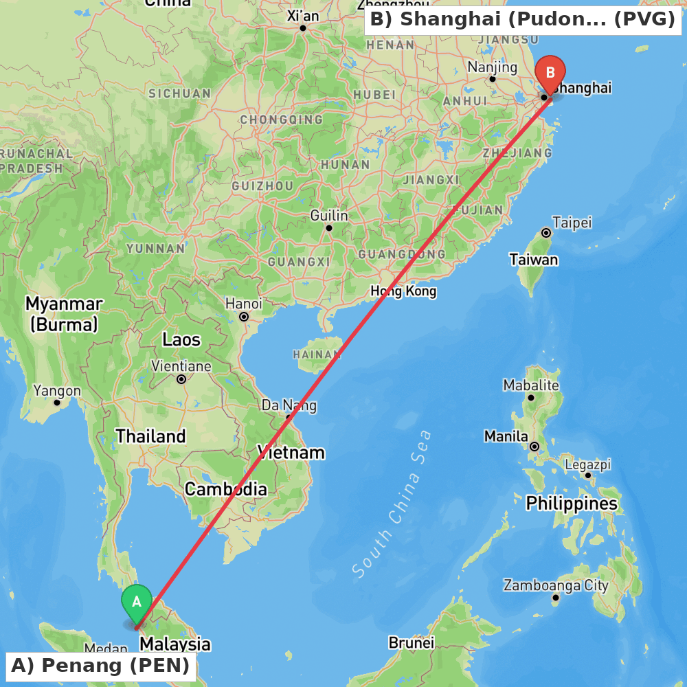 Flight route map from Penang to Shanghai (Pudong)
